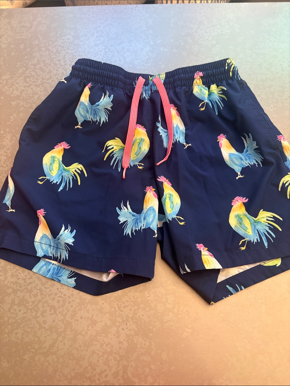 Chubbies Navy Rooster Print Swim Shorts with Pink Drawstring
